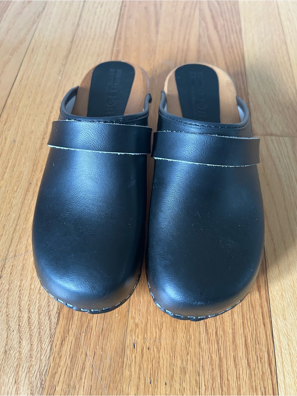 BJORK Swedish Comfort Black Leather Wooden Clogs